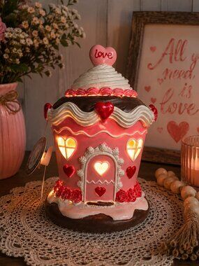 Cupcakes & Cashmere Pink Gingerbread House LED Valentine Decor NWT